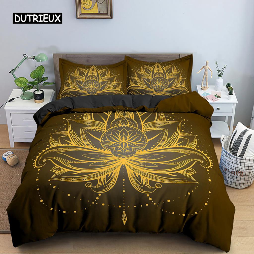 Lotus Duvet Cover Set Mandala Lotus Pattern Twin Bedding Set Exotic Boho Style for Teens Queen King Size Microfiber Quilt Cover