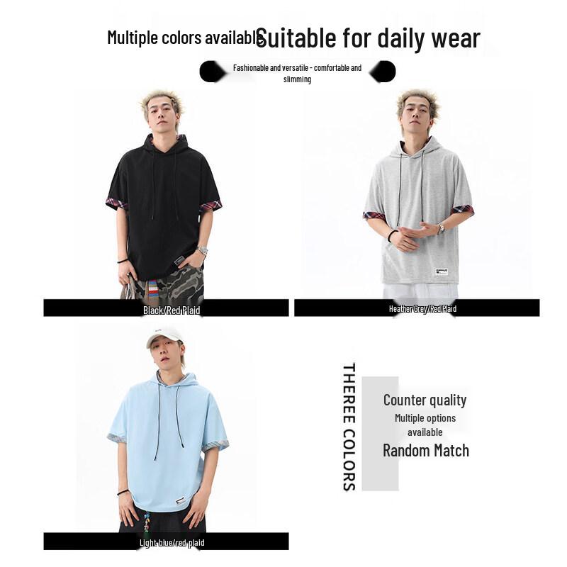 :CHOCOOLATE Men's Hooded Plaid Color-Block Short-Sleeve T-Shirt