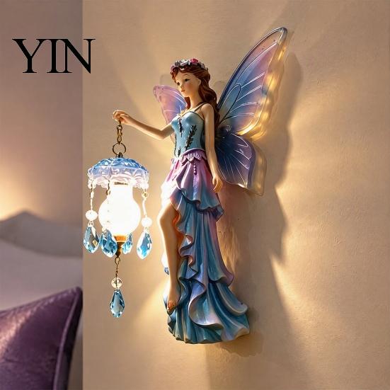 Wall Mounted Fairy Lamp Night Light, Resin Elf Sculpture Lantern for Bedroom, 3D Faux Crystal Pendant Hanging Art Decor with Pendant, Romantic