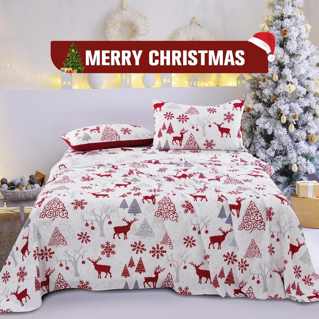 Christmas Tree Elk Pattern Bed Hat Four-Piece Bedding Set Bedroom Dormitory Bedding Decoration