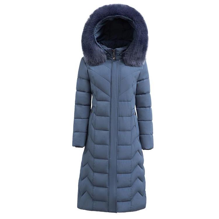 Damen Daunenjacke mit Kapuze Pelzkragen Mantel Große Größe Lang Schmal Geschnitten Baumwolle Gefüttert Winter Warm