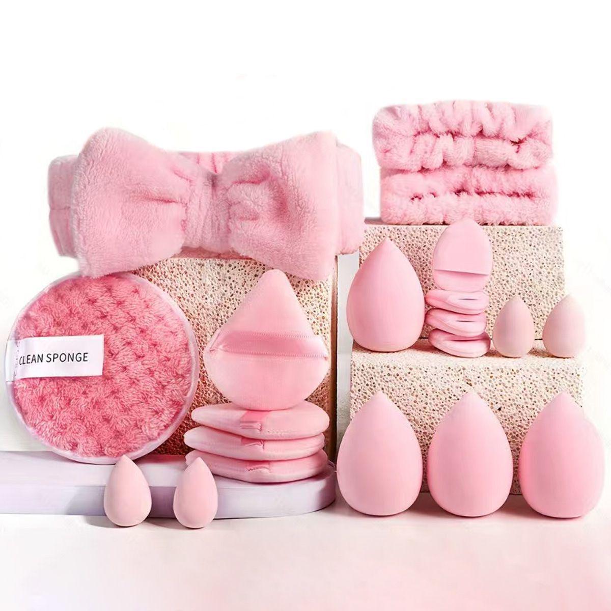 

20-Piece Coral Fleece Makeup Sponge Set with Triangle, Thumb, Heart-shaped Puffs, and Headband.