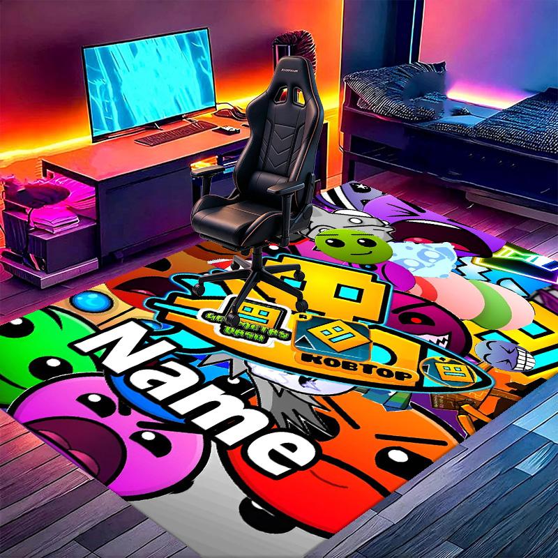 Custom Name Personalized Geometry Dash Print Carpet, Versatile Home Decor Rug, for Playroom, Apartment, Balcony, Entryway, Hallway Gift