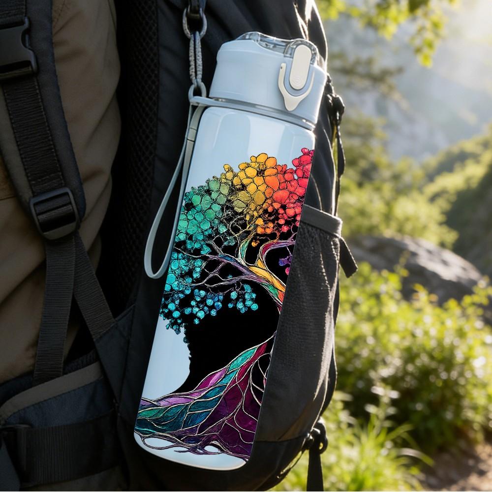 1PC Rainbow Root Tree Nature Art Print 750ml Color Plastic Sports Water Bottle Leakproof Flip Straw Lid Suitable for Sports Office Home Use