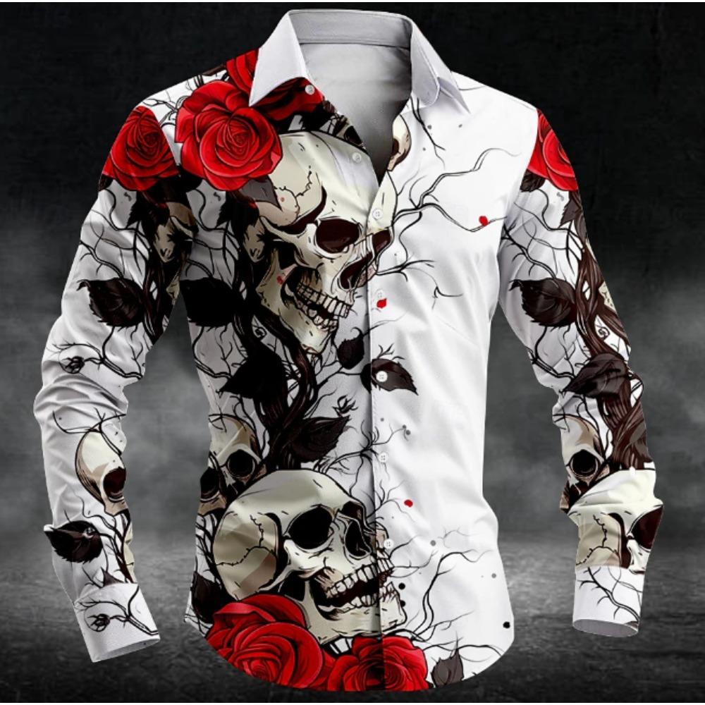 Men's Halloween Skull Printed Long Sleeve Shirts Casual Cardigan New Button Holiday Fashion Shirts