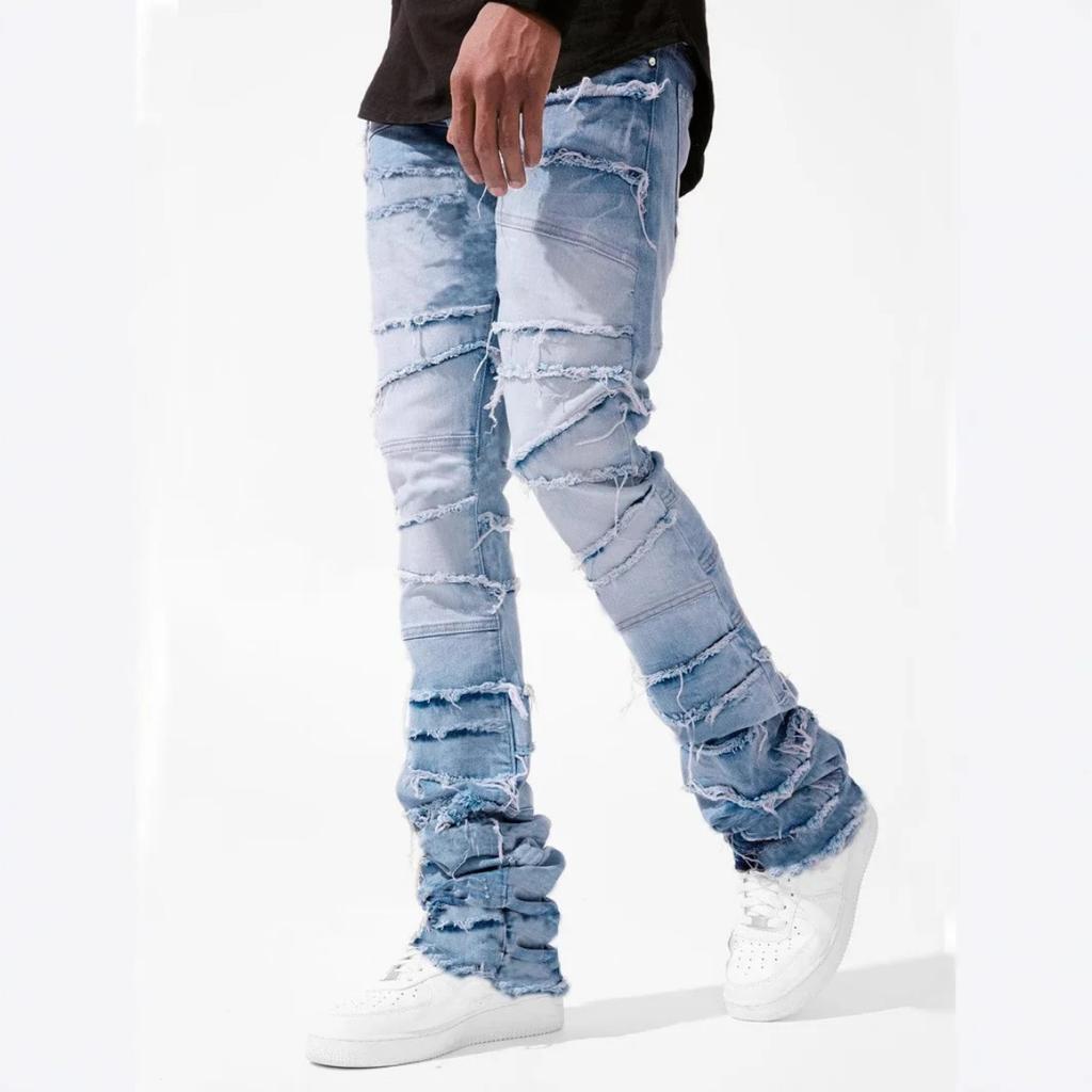 RogueWave Straight Pant Men Jeans Denim Pants Slim Fit Irregular Folds Tassel Splice Simple Button Pocket High Street Trousers