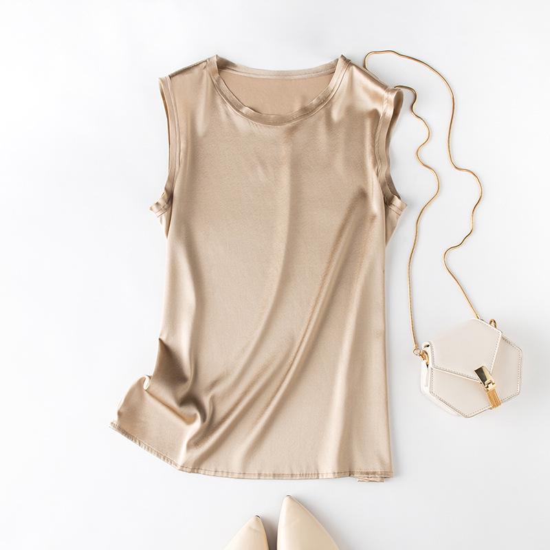 

Жіноча літня шовкова майка - Однотонний топ без рукавів з тутового атласу XL рожевий/шампанського