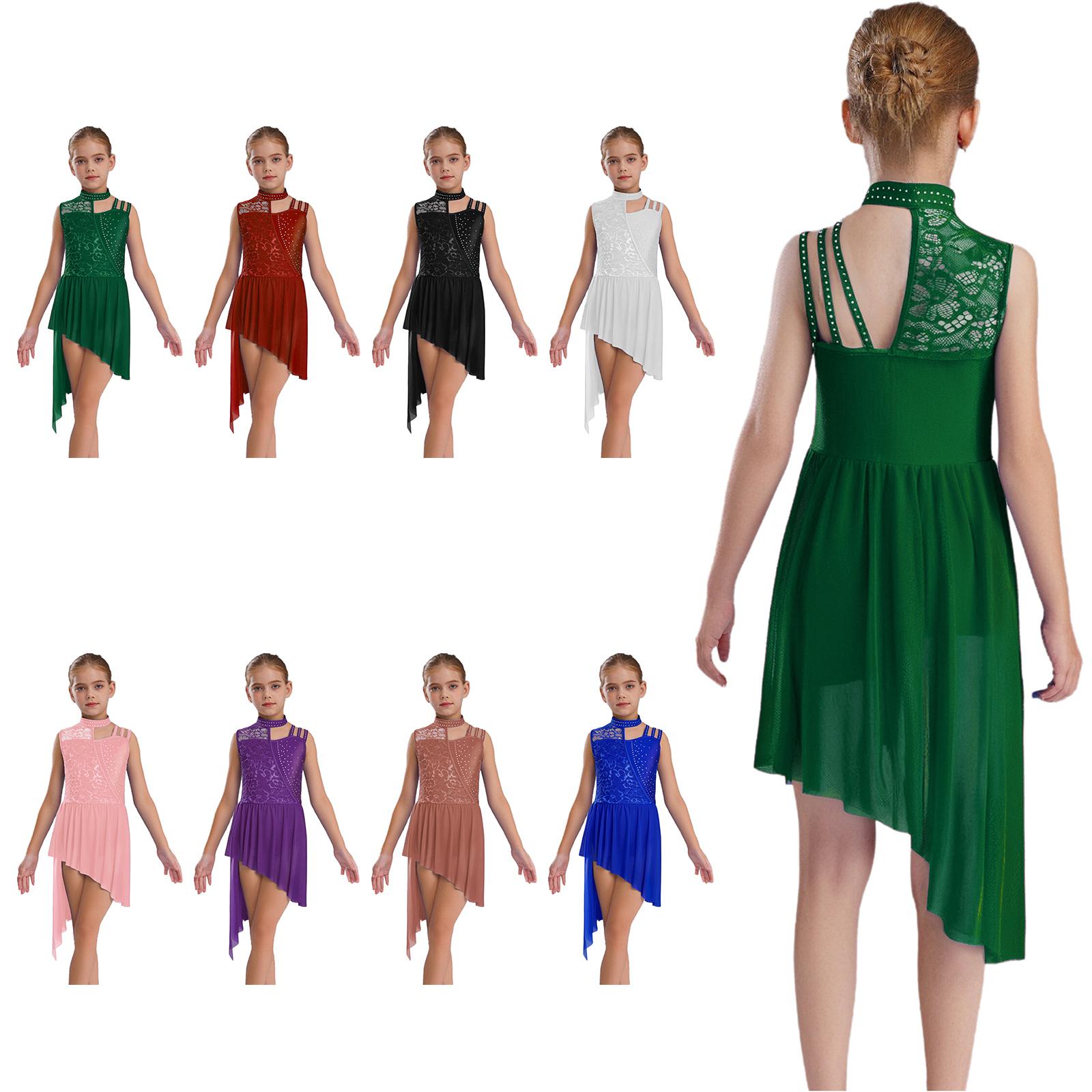 

Girls Sleeveless Lyrical Dance Dress Mock Neck Asymmetrical Shoulder Floral Lace Rhinestones Irregular Hem 5-6 Years зелений