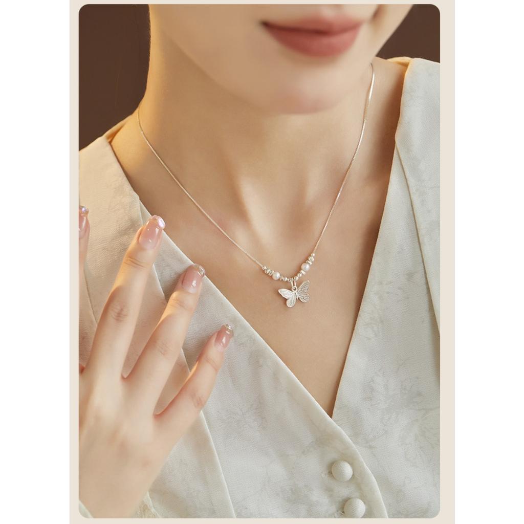 Pearl Butterfly Broken Silver Necklace Female