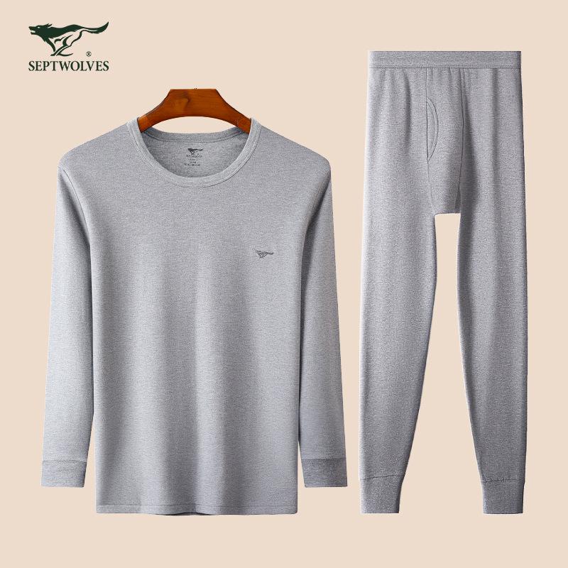 Septwolves Men's Thin Pure Cotton Autumn Underwear Set: Round/Crew Neck Warm Bottoming Shirt & Pants.