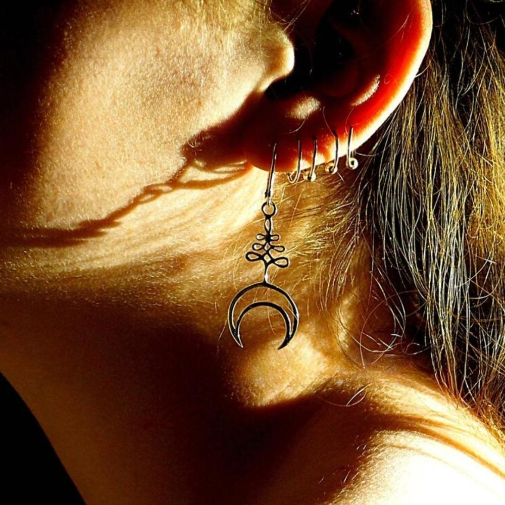 Retro Gothic Silver Color Geometry Hollowed-out Crescent Moon Symbol Pendant Dangle Earrings for Women Halloween Party Jewelry