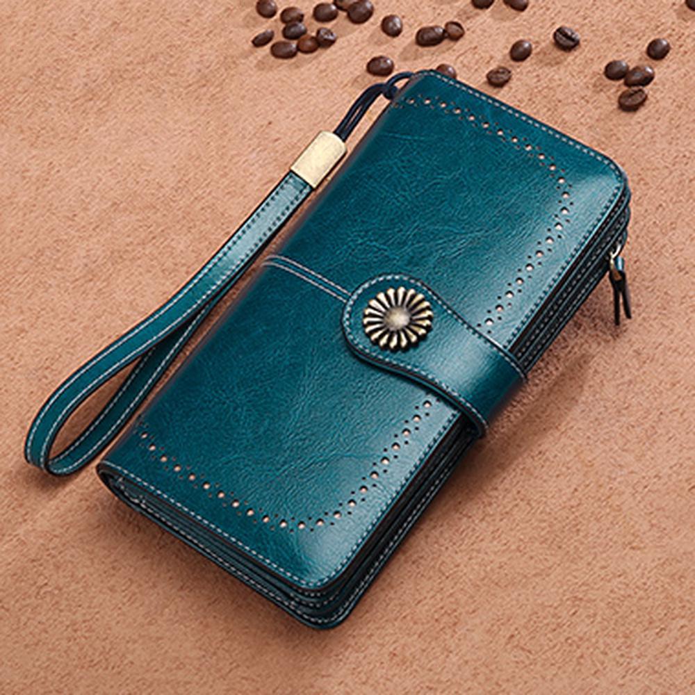 

Женский кошелек из натуральной кожи, длинный кошелек на молнии с ремешком для денег, кошелек синий
