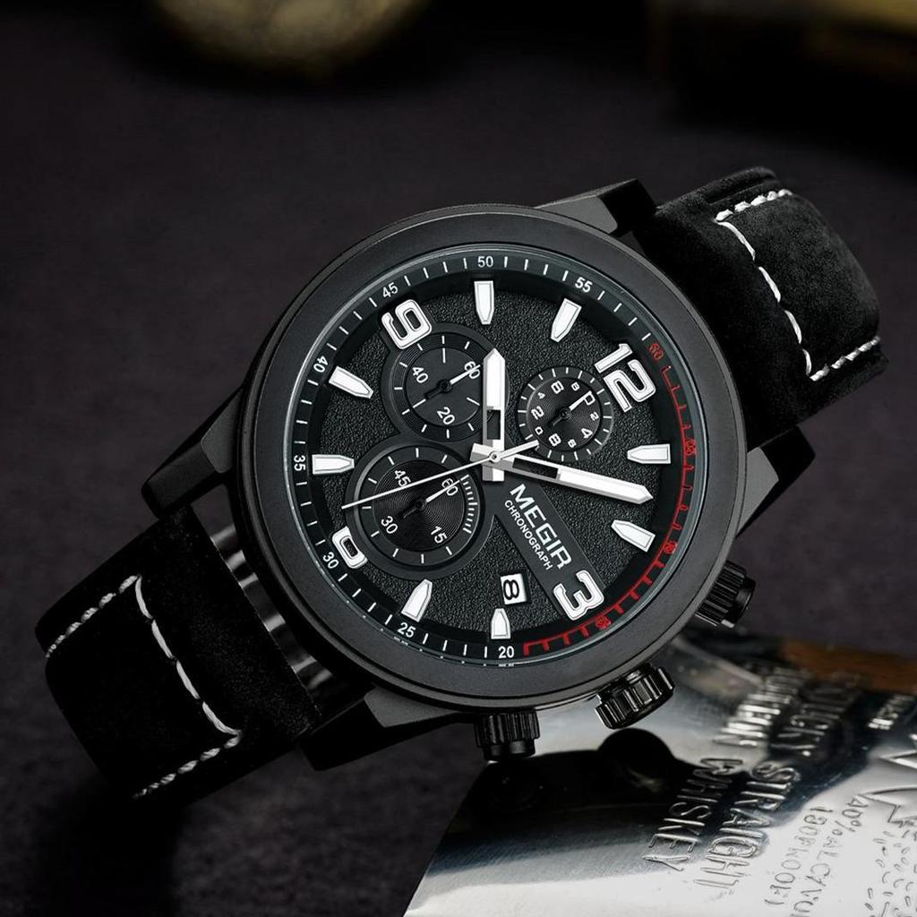 Megir Chronogragph Luksusmerke Kvarts Herreklokker Mote Skinn Sportsklokke Herre Luminous Army Militære armbåndsur