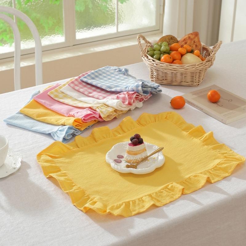 French Design Cloth Placemat Ruffle Edges Gingham Plaids Washable Table Mat For Banquets Wedding Parties Home Decors