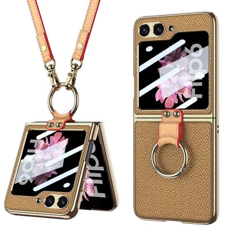 Luxury Plating Leather Shoulder Strap Case For Samsung Galaxy Z Flip 6 Screen Glass Ring Holder Cover For Galaxy Z Flip 5 Cases