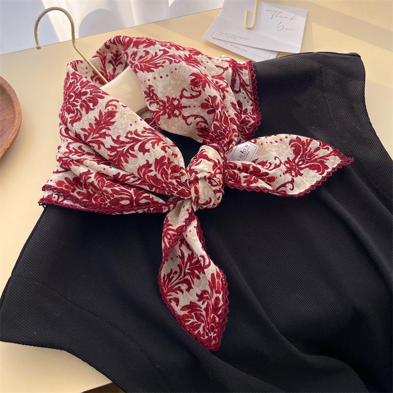 Women's Retro Floral Silk Cotton Scarf: Black Rice Square, Hair Band, Neck Warmer, Headscarf - Spring/Summer.