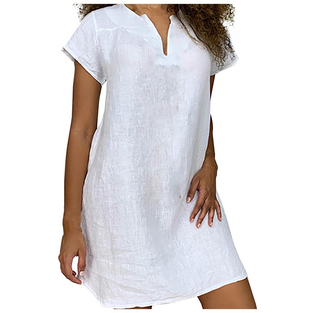 Women's Fashion Summer Loose Skirt Short Sleeve V-Neck Cotton Linen Dress
