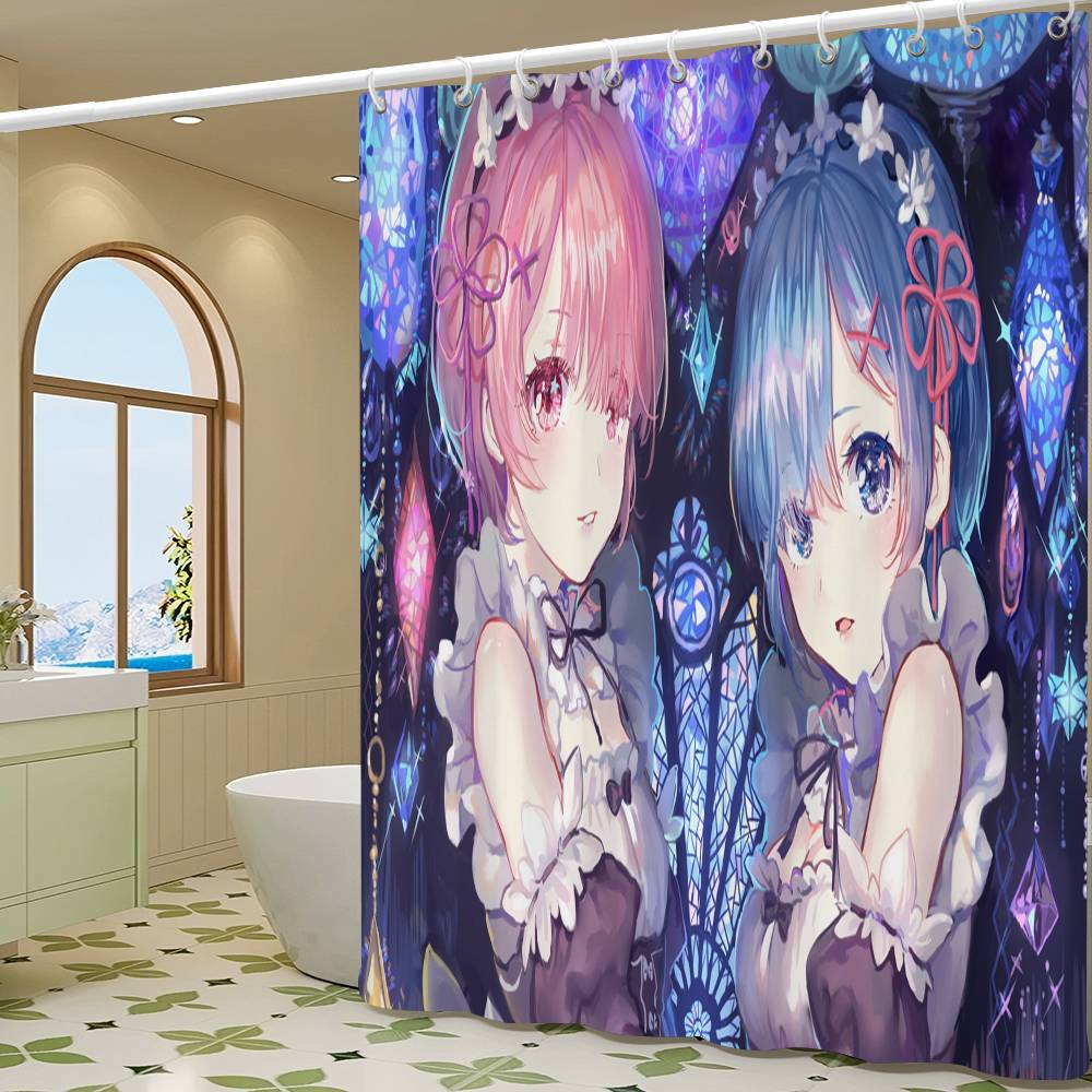 Rideau de douche blanc Rem Re Zero Anime pour le jeu, Rideau de douche décoratif pour salle de bain, Rideau de douche imperméable avec crochets