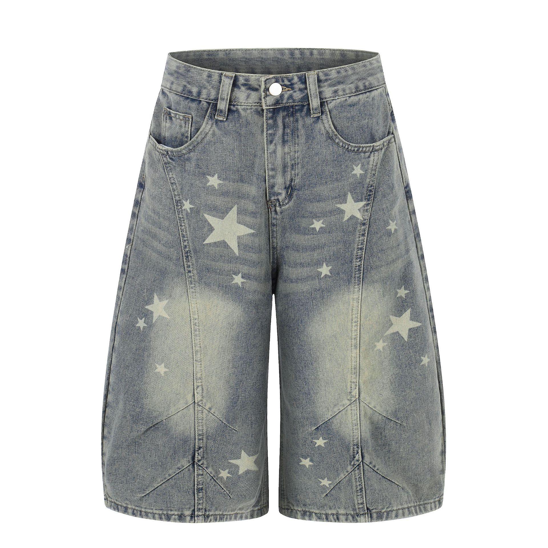 European and American scimitar cropped pants retro loose jeans star personality wide-leg pants men S