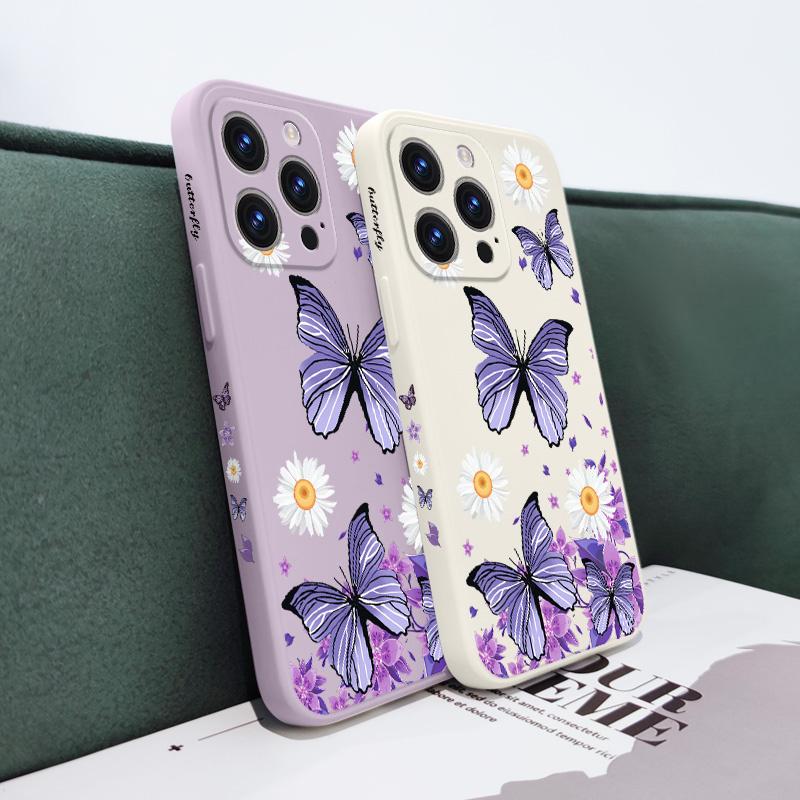 Butterfly Daisy Pattern Soft Liquid Silicone Fall Prevention Case Cover For iPhone 16 16e 15 Pro Max 14 Plus 13 12 11 X Xs Max 7 8 6 SE2 SE3