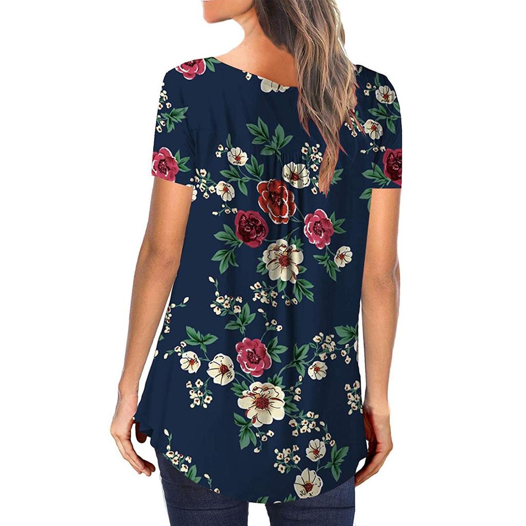 Fashionable Women Slim Tops Casual V-neck T-shirt Button Pullover Short Sleeve
