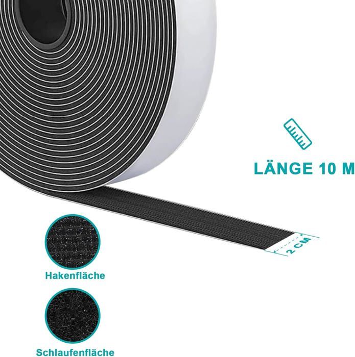 Adhésif - NOBRAND - Scratch double-face (bande agrippante) - 10 m × 20 mm - Noir - Pack 2 pcs
