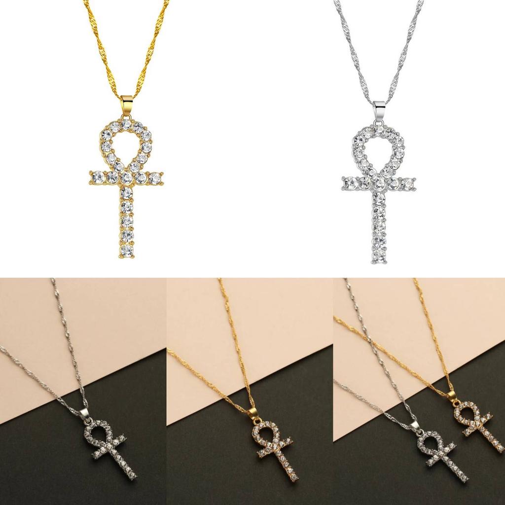 Amulet Talisman Ankh Cross Pendant Necklace Women Crystal Rhinestone Egypt Egyptian Key Life Religious Chain Jewelry Gift