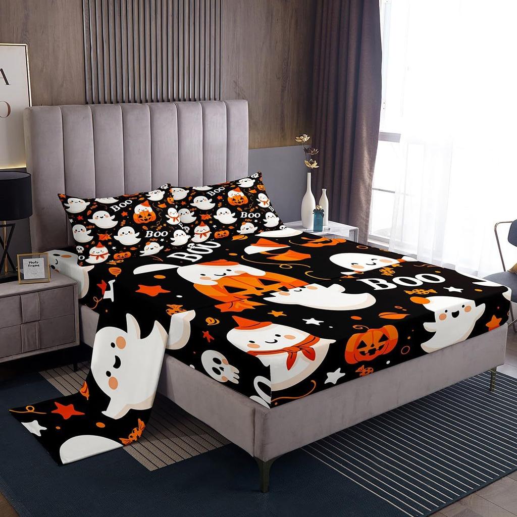 Halloween-Themed Pumpkin Pattern Bed Hat Four-Piece Bedding Set Bedroom Dormitory Bedding Decoration