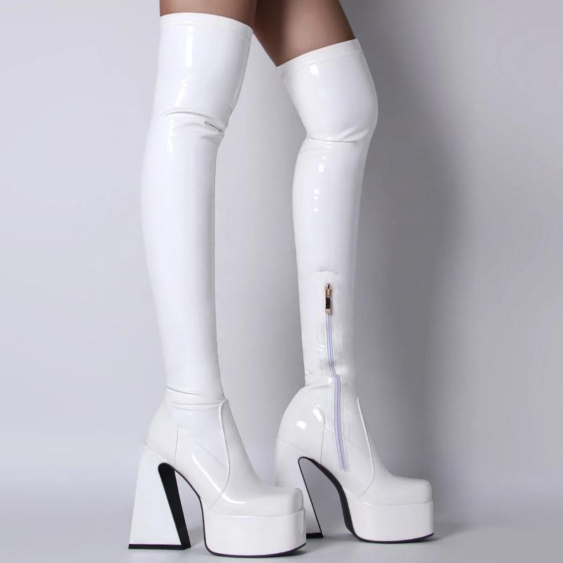 Damen Schwarze Pyramiden High Heels Oberschenkelhohe Stiefel Sexy Plateau Weiß Overknee Partyschuhe Hohe Qualität Große Größe 43