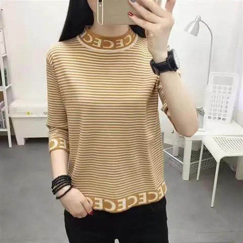 Slim Three-quarter Sleeve Mercerized Cotton Letter Half Turtleneck Sweater T-shirt Top for Women Spring and Autumn Korean