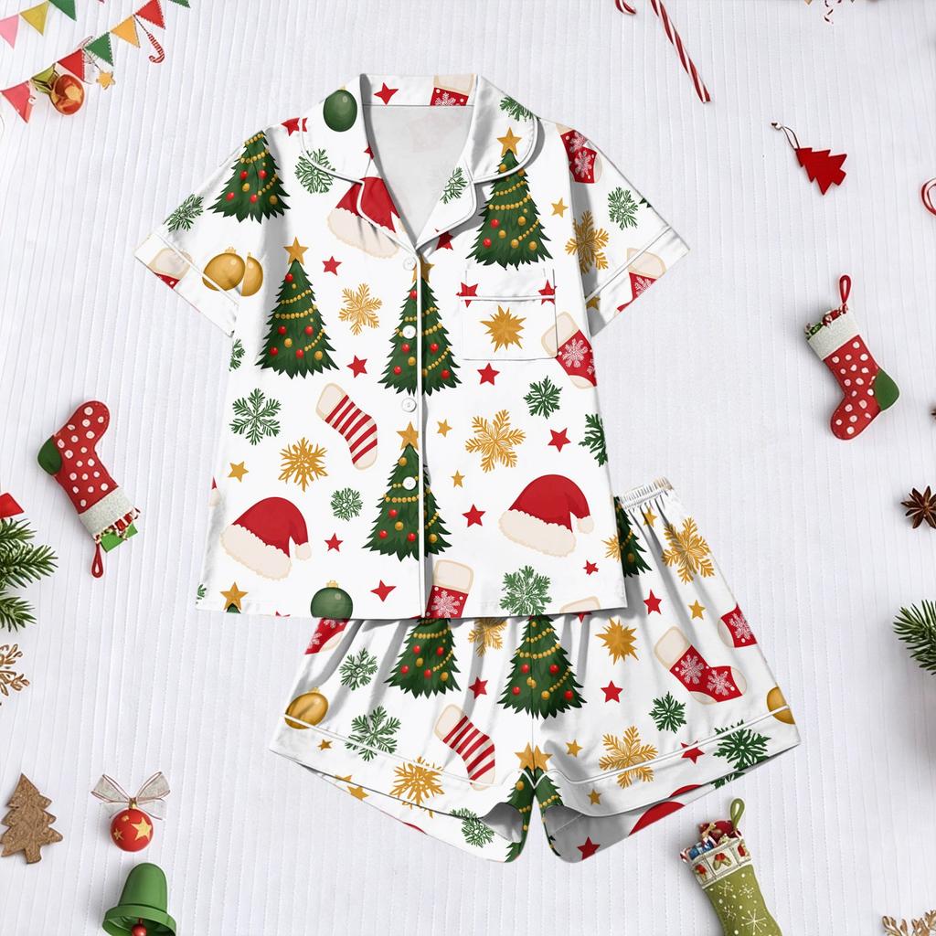 Women's 2 Piece Christmas Print Short Sleeve Casual Shorts Set
