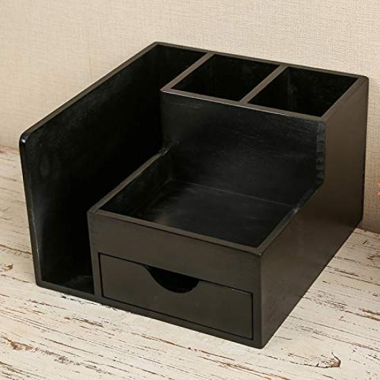 Juleduo Wooden Desktop Storage Organizer with Pen and Remote Control Rack Drawers, Bookshelf, Holder, (Black)