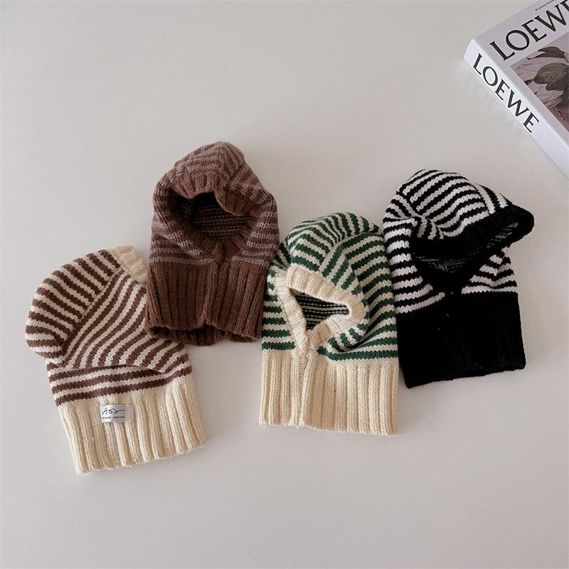 Winter Kids Scarf One-Piece Hat Fashion Striped Knit Ear Protection Hats Children Balaclava Headgear  Baby Hooded Beanie