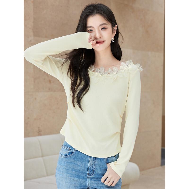 La Chapelle Women's Long-Sleeve T-Shirt with Beaded Tulle Collar