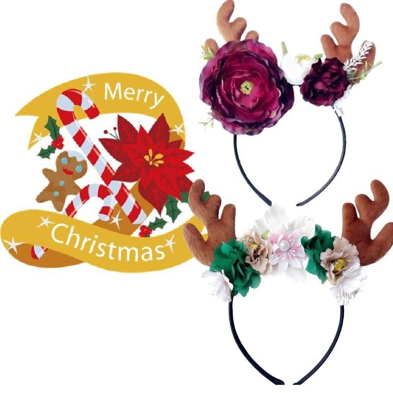 Festive Red Velvet Reindeer Antlers Headband With Floral Design For Girls