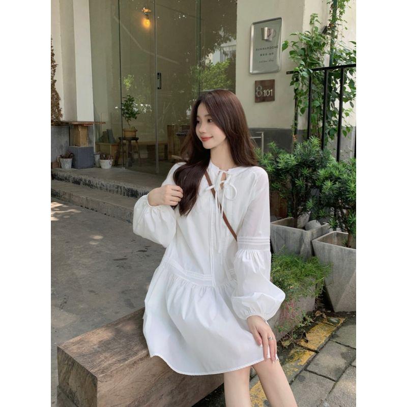 Kumikumi Gentle White Lace-up Lantern Sleeve Dress Women Autumn Chic Youthful-Looking Loose Slim Looking Short Skirt