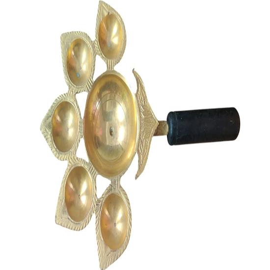 @ Brass Punch Diya With Wooden Handle For Pooja