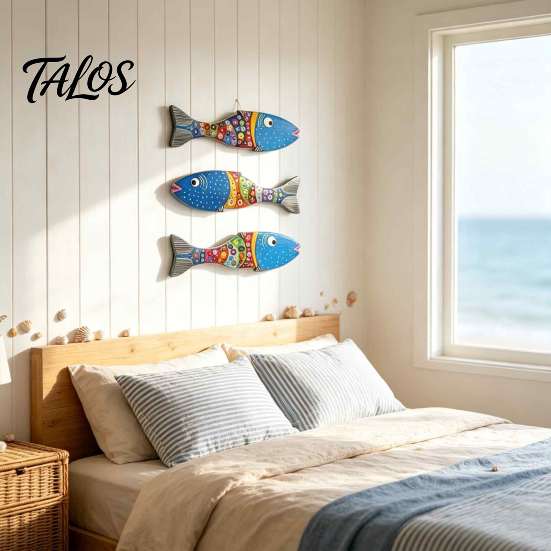 Wooden Fish Wall Art 3Pcs Decor, Boho Polka Dot Painted Ornaments, Ocean Modern Minimalist Theme Hanging for Bathroom Nursery Bedroom Living
