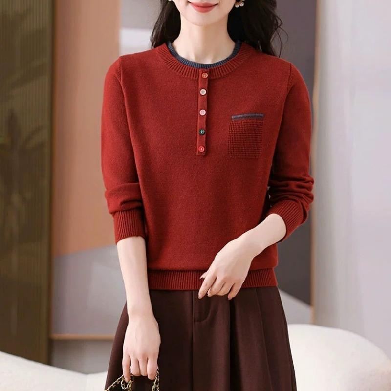 Crew Neck Women's Sweater Loose and Versatile Fashion Autumn New Temperament Pullover Color Buckle Knitted Bottoming Shirt Tide
