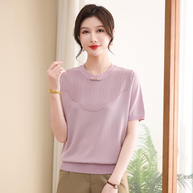 

2026 Chinese Style Ice Silk Knit Summer Top Set for Middle-Aged and Elderly Women M (Suitable for 85-105 jin) фиолетовый