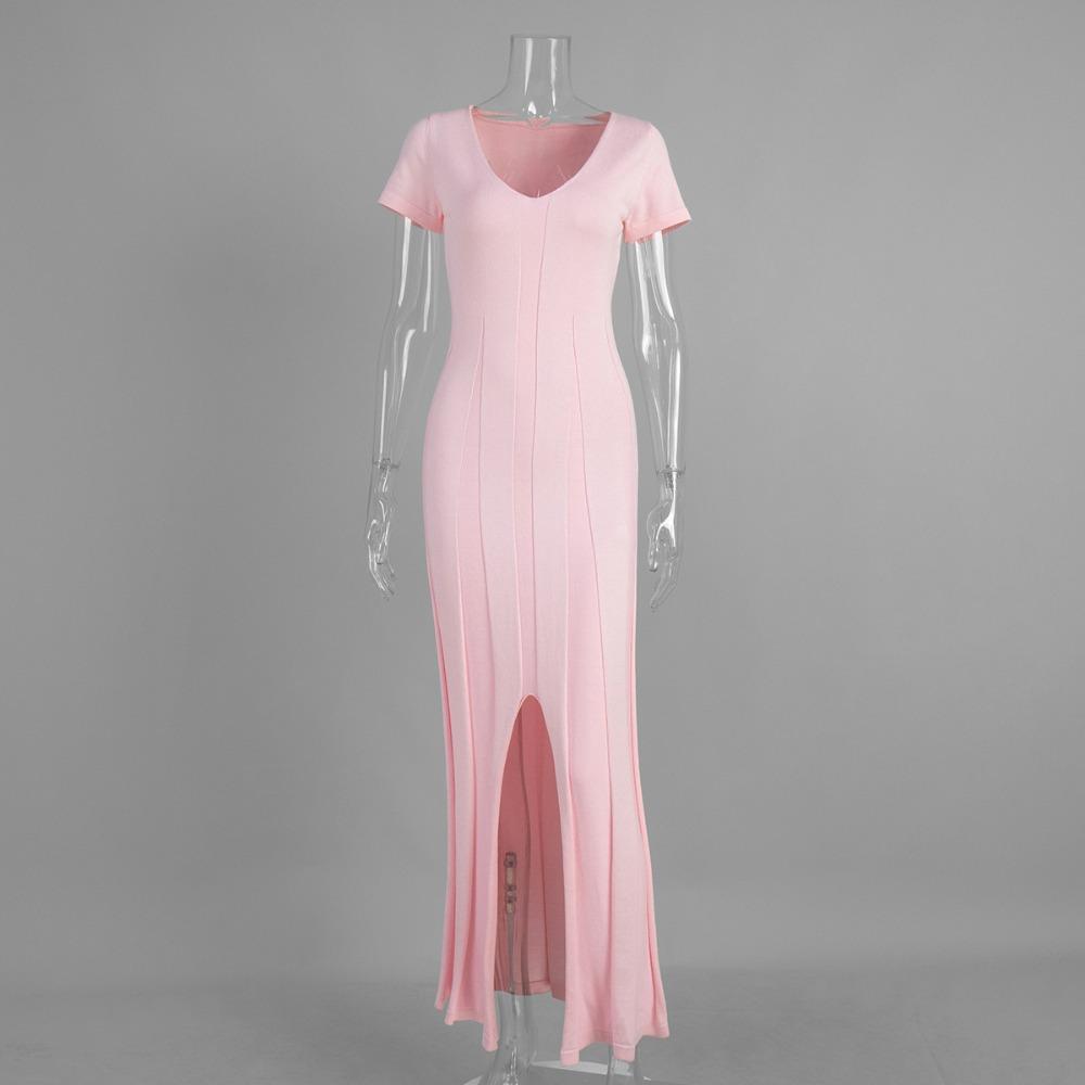 Women's Deep V Neck Short Sleeve Knit Maxi Dress Slim Fit Front Split Bodycon Mermaid Gown