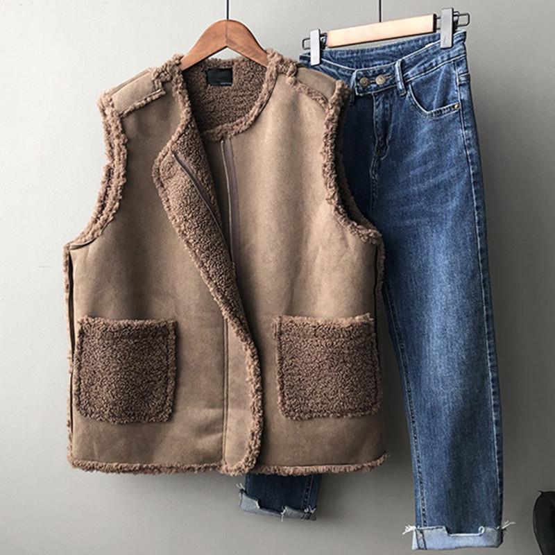 Korean Style Women Faux Lamb Wool Vest Tops Sleeveless Winter Coat Gilet Femme Fashion Brown Jackets Thicken Outerwear