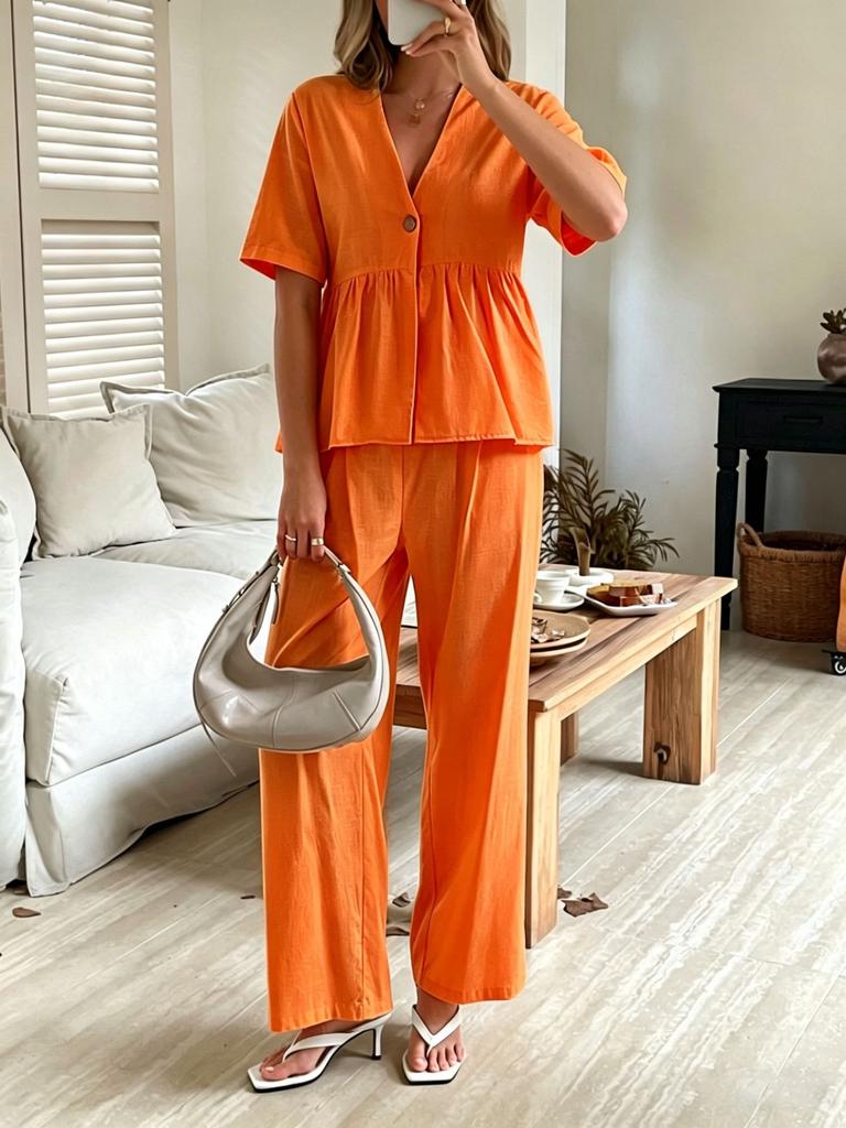 Europe, America, Cross-border Amazon Foreign Trade Fashionable and Elegant V-neck Loose Short-sleeved Top and Wide-leg Pants Two-piece Set