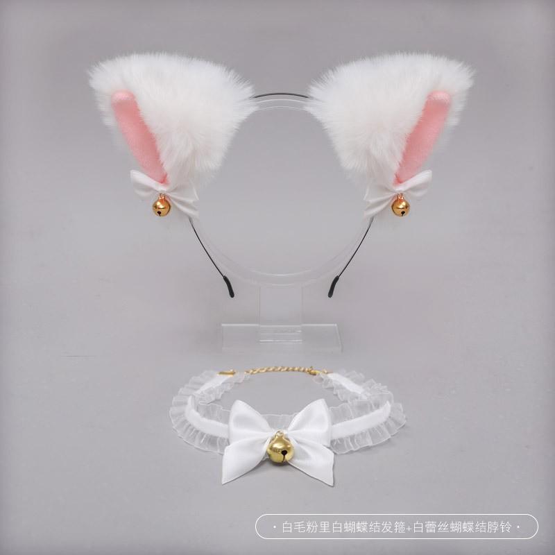 Handmade Lace Bow Choker With Bell Pendant Animal Ear Headband Set Lolita Style