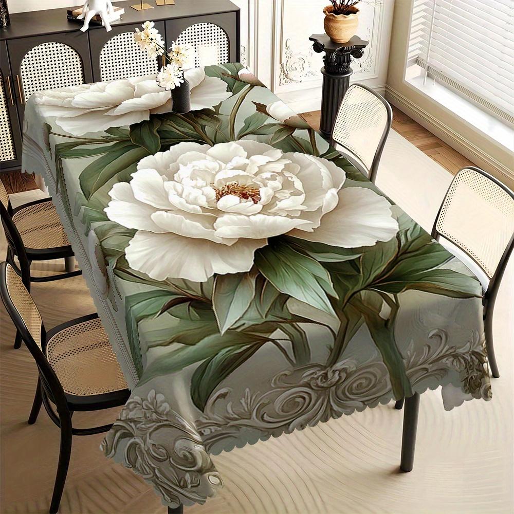 Romantisch Wit Pioenroos Tafelkleed, Groot Bloemen- & Bladmotief, Schone Golvende Rand, Vuilafstotend, voor Keuken, Feest & Elegante Decoratie 140x160cm