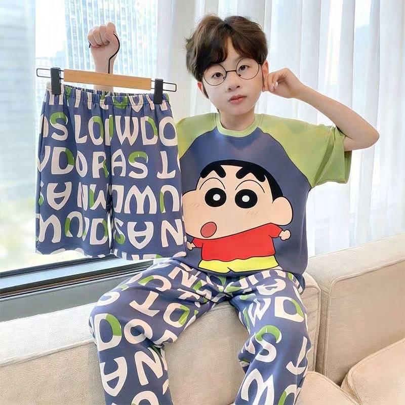 Children's Summer Pajama Set: 3-Piece Short-Sleeve Top, Long Pants, Boys' Medium & Large Air Conditioning Suit