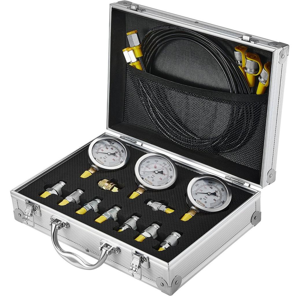 Hydraulic Pressure Test Kit, 250/400/600bar, 3 Gauges 9 Test Couplings 3 Test Hoses, Excavator Hydraulic Test Gauge Set with Portable Carrying Case