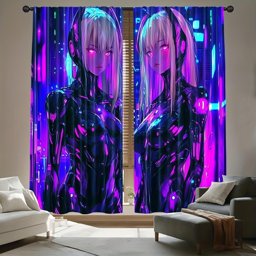 2pc Cyberpunk Anime Curtains – Neon Futuristic Design   Rod Pocket for Living Room   Bedroom & Office (Rod Not Included)