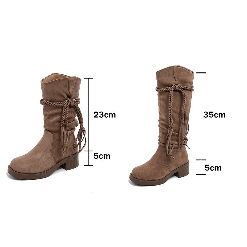 Fashion Retro Tassel Suede Long Western Cowboy Boots Women 2025 Winter Thick Heel Knee High Boots Sexy Khaki Medium Heel Shoes Plus Size