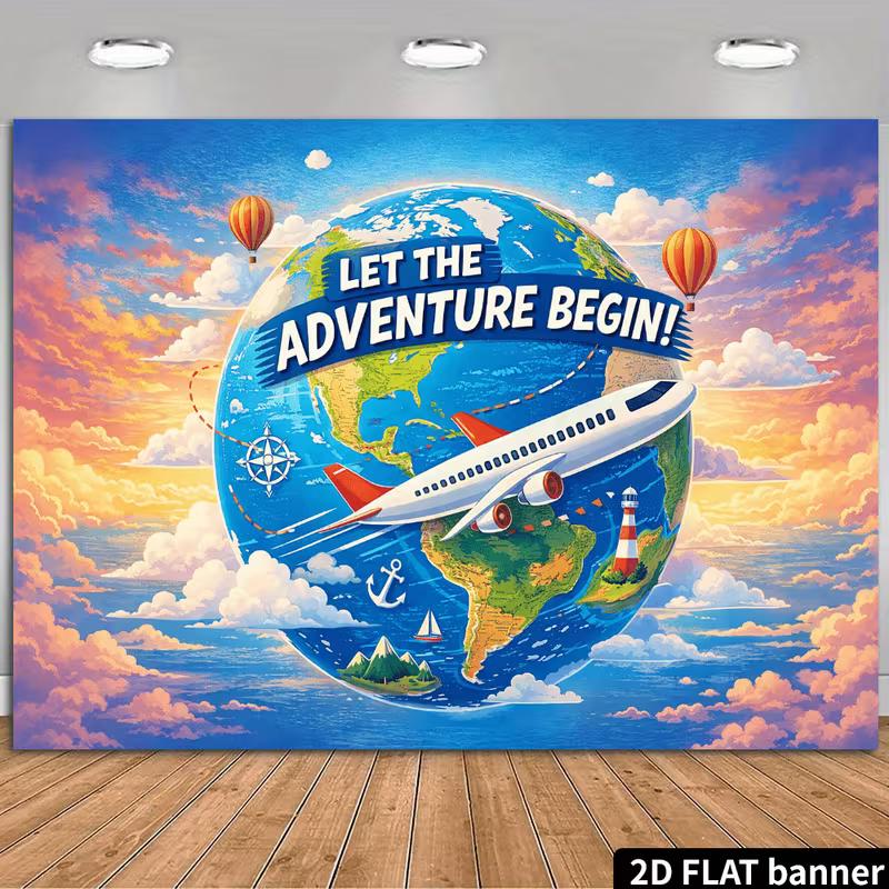 2D Airplane World Map Backdrop, 2D Flat  Let The Adventure Begin  Background for Travel & Graduation Party Decoration 47.2x31.5inch/120*80cm